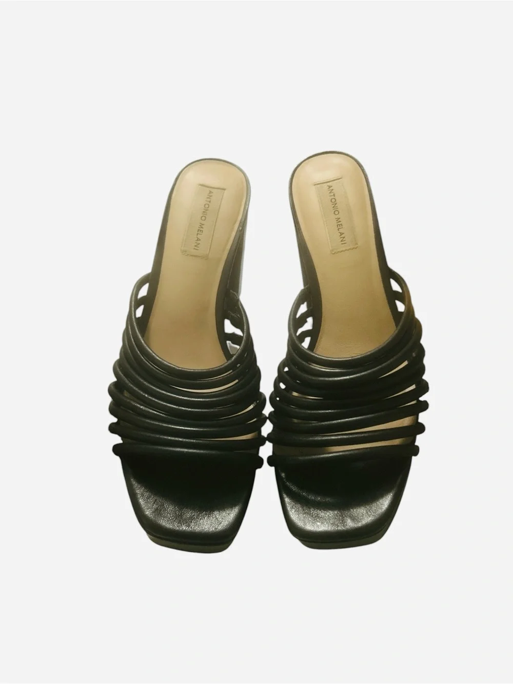 ANTONIO MELANI Bree Tubular Black Leather Multi-Strap Platform Block Heels